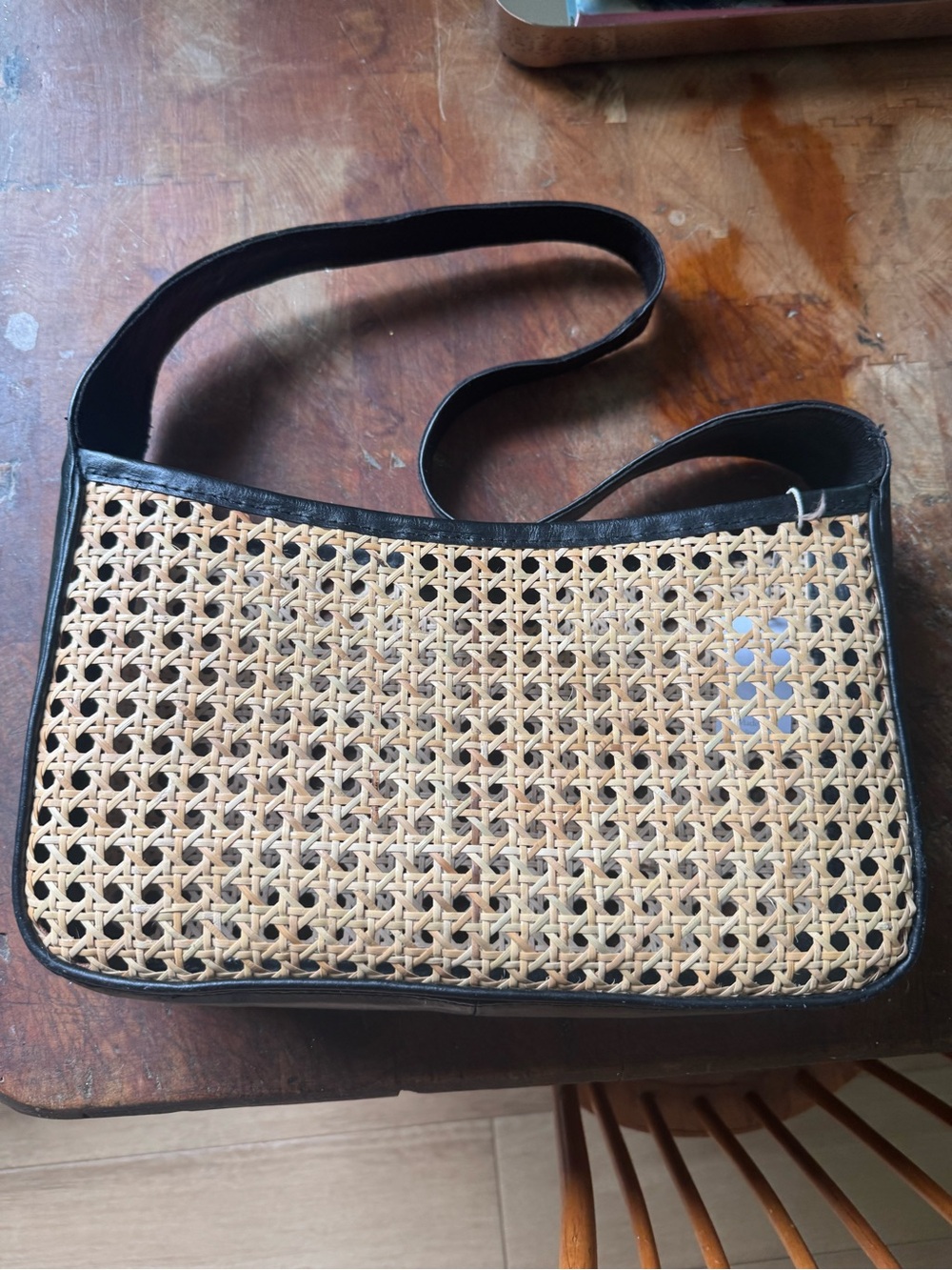 Woven Rattan Shoulder Bag with Black Trim